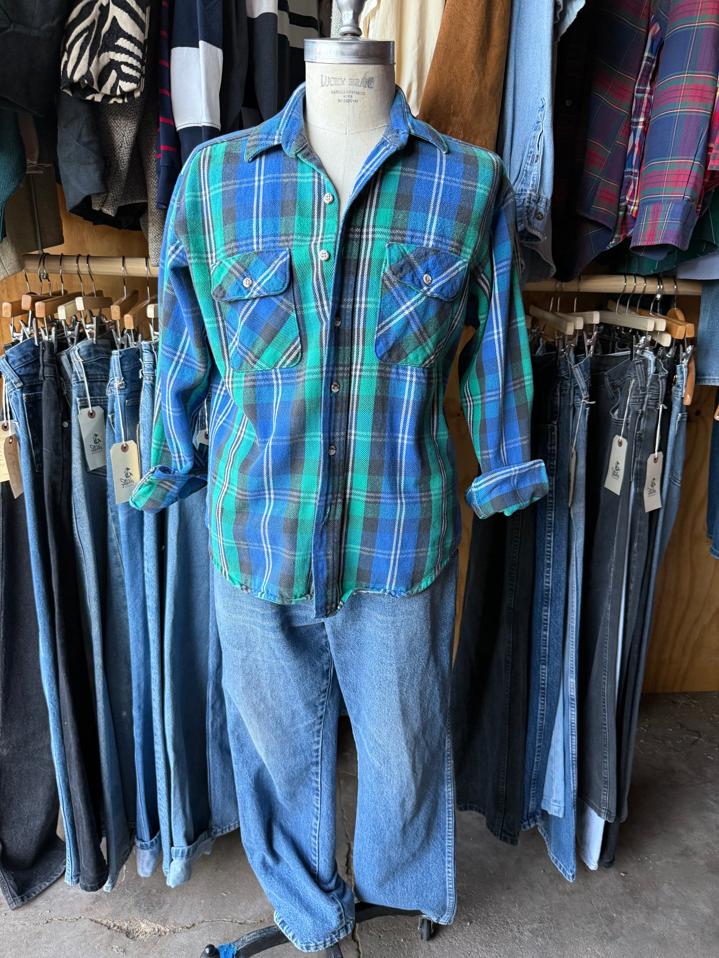 Vintage Blue & Green cotton twill flannel
