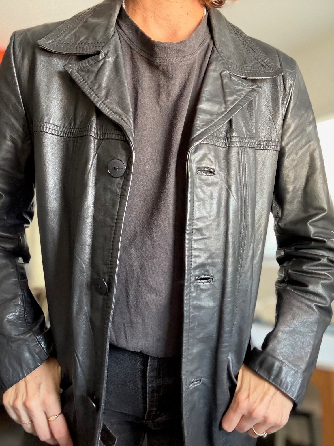 Leather Black  jacket - Mid length