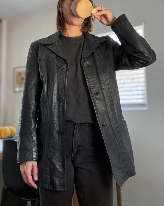 Leather Black  jacket - Mid length