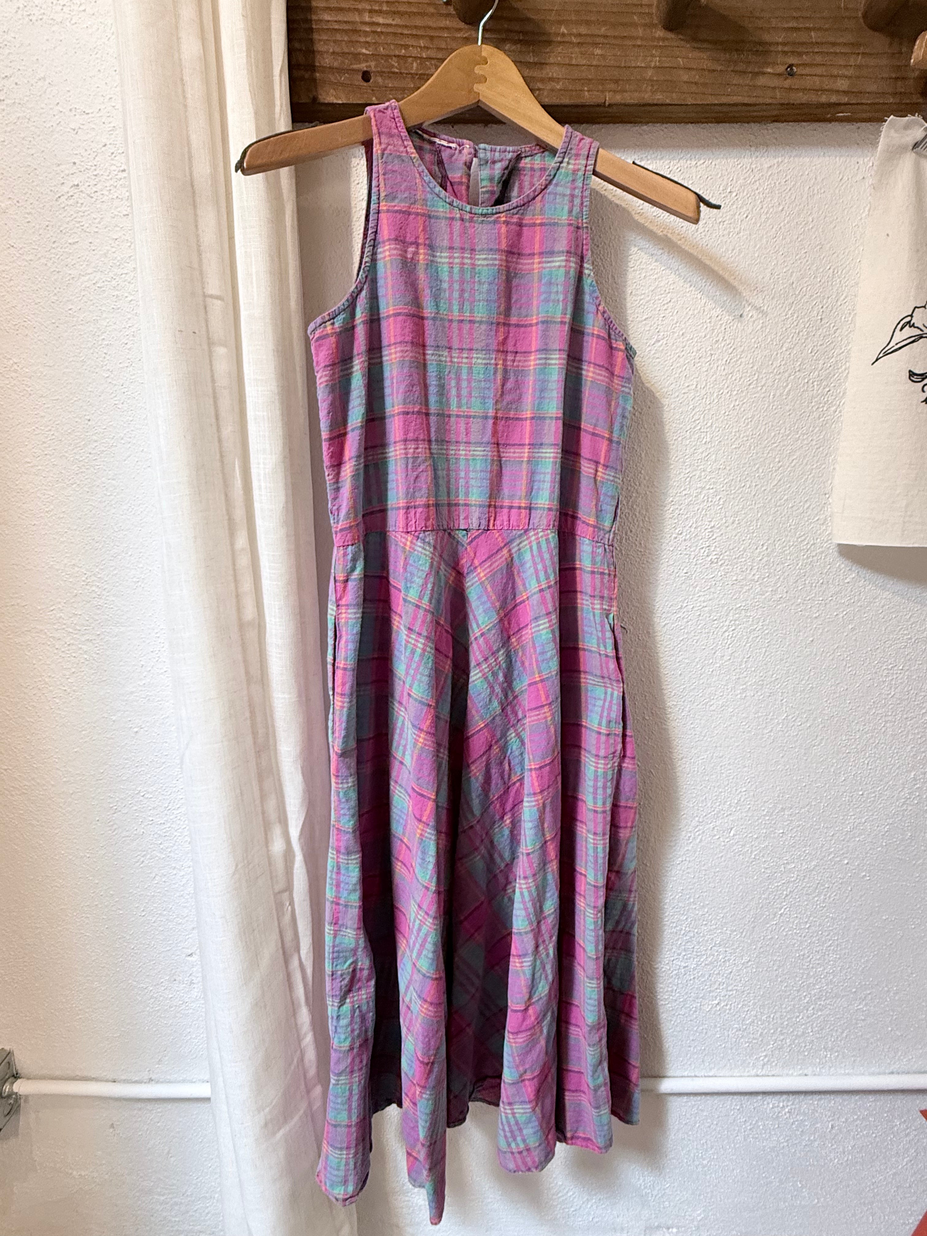 Vintage Pink & Blue Plaid Sleeveless Maxi Dress