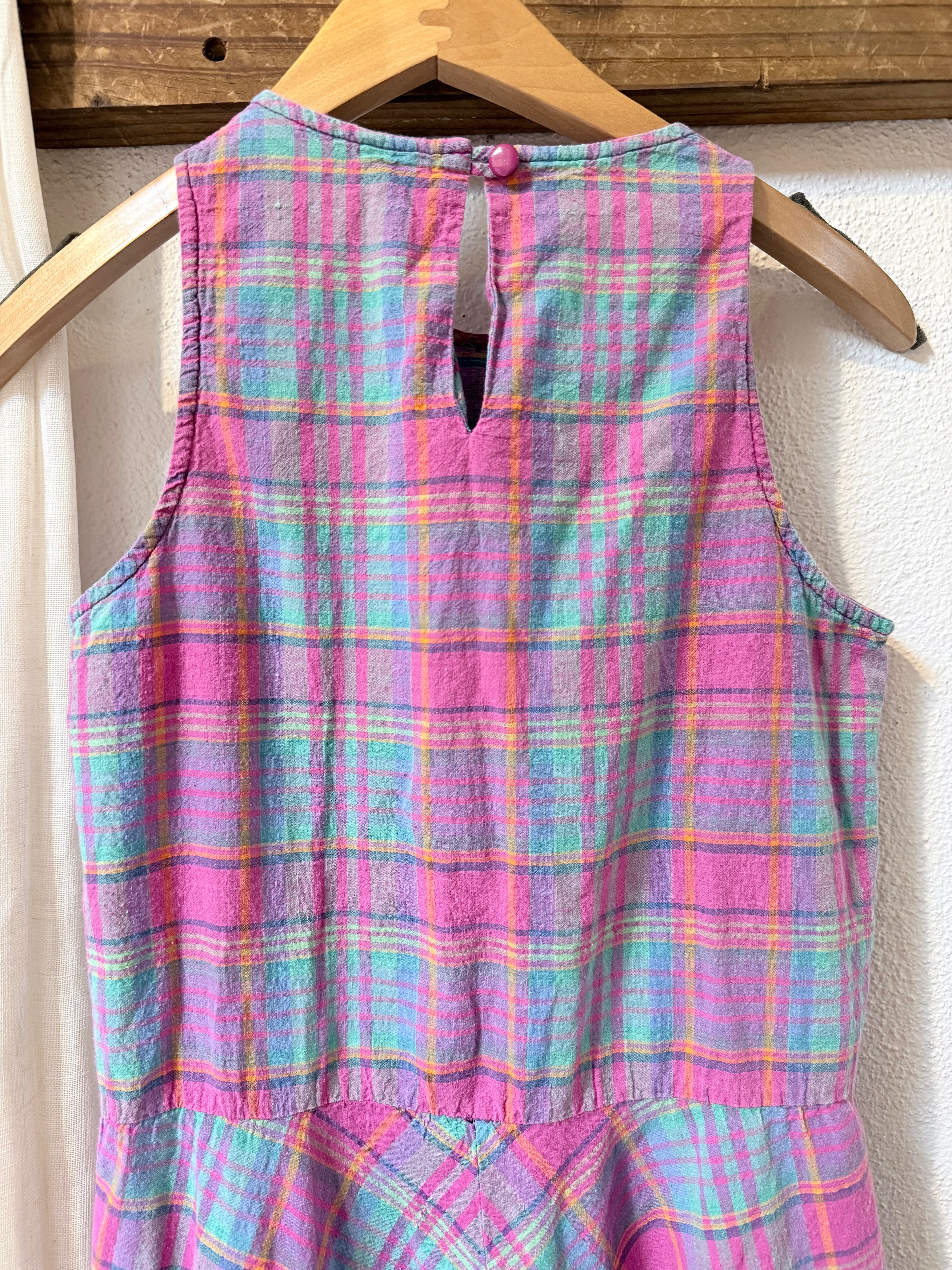 Vintage Pink & Blue Plaid Sleeveless Maxi Dress