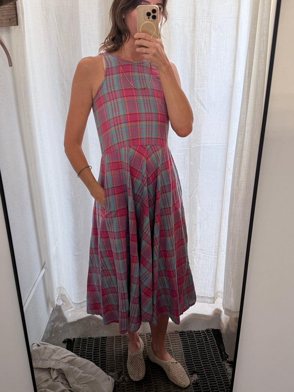 Vintage Pink & Blue Plaid Sleeveless Maxi Dress