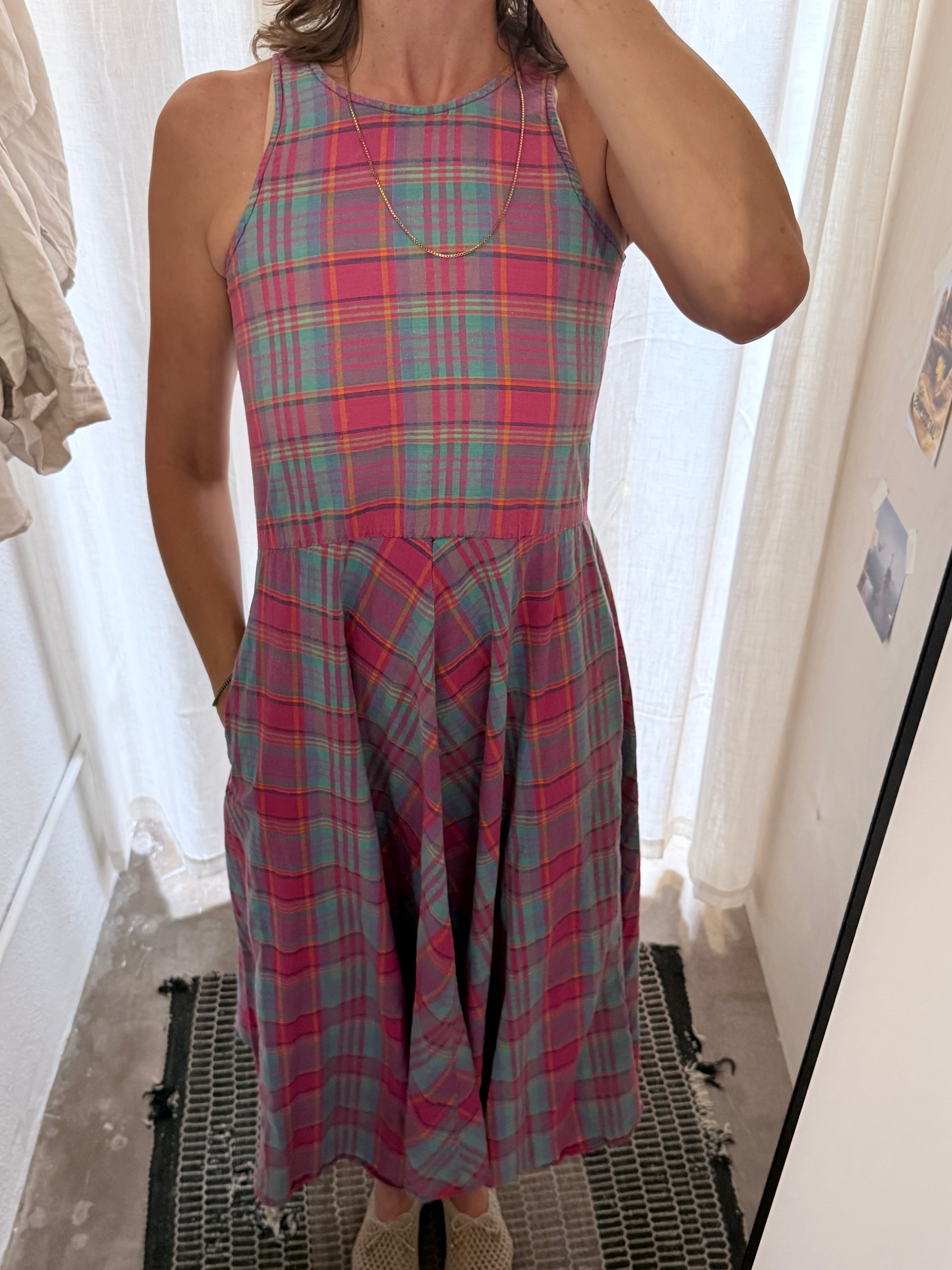 Vintage Pink & Blue Plaid Sleeveless Maxi Dress