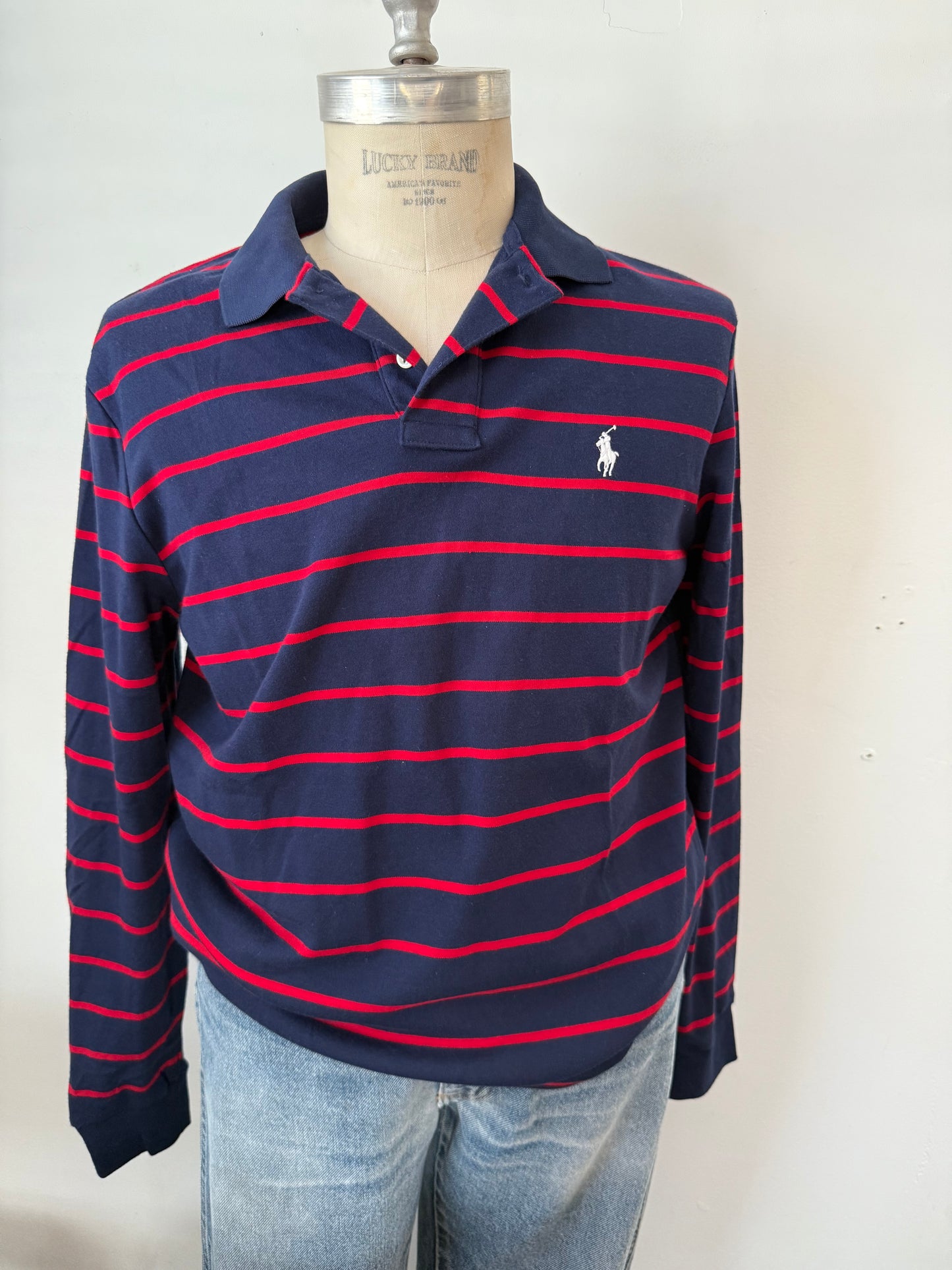 Polo RL - blue & red stripe long sleeve