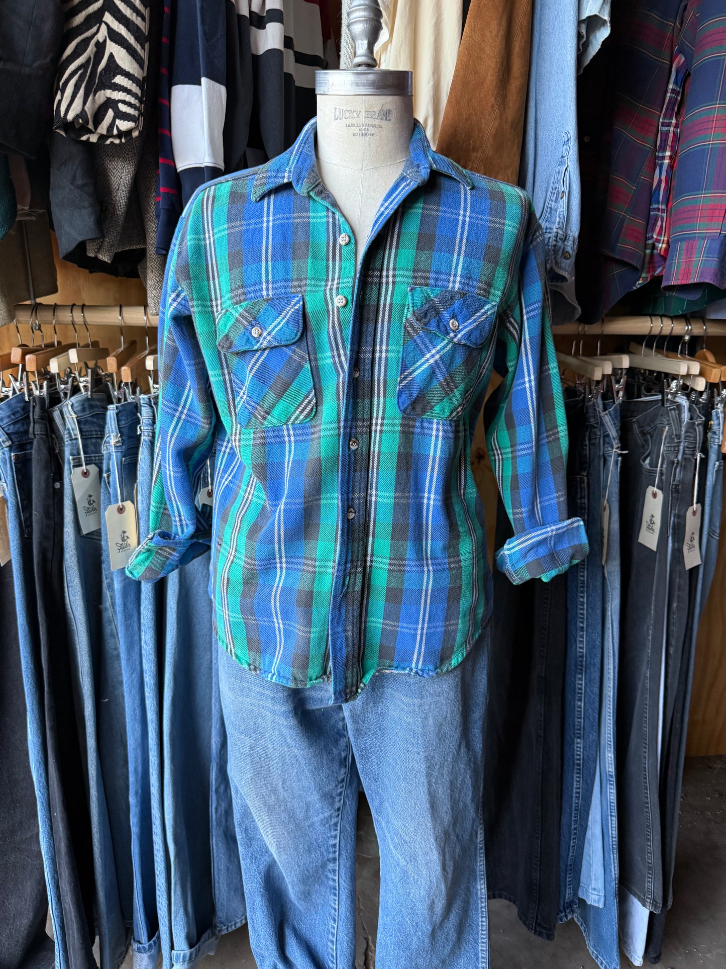 Vintage Blue & Green  cotton twill flannel