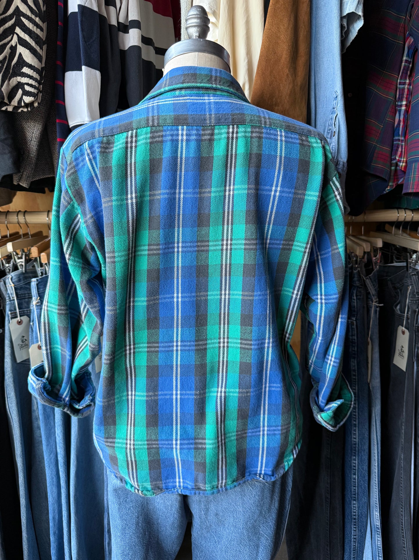 Vintage Blue & Green  cotton twill flannel