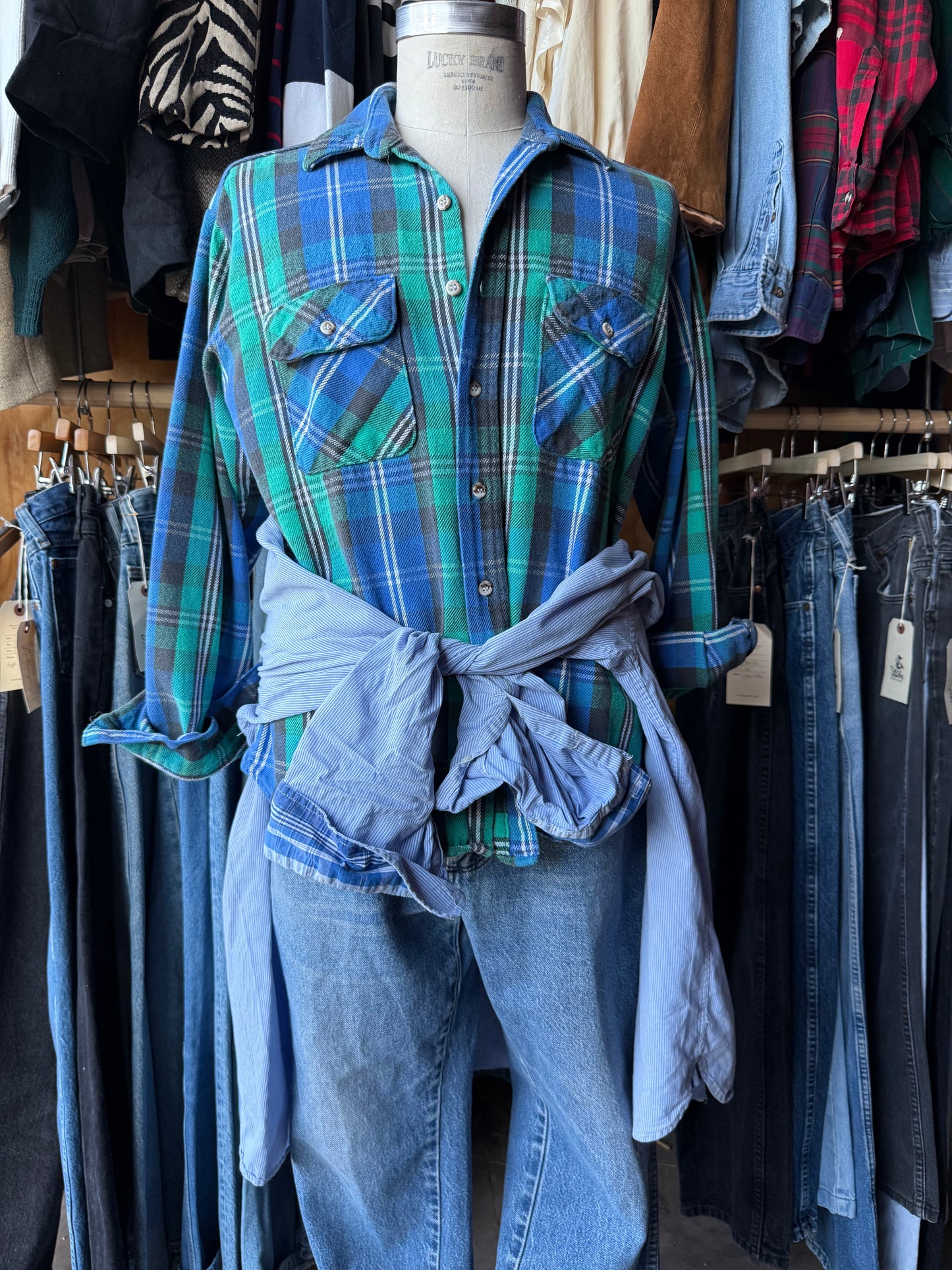 Vintage Blue & Green  cotton twill flannel